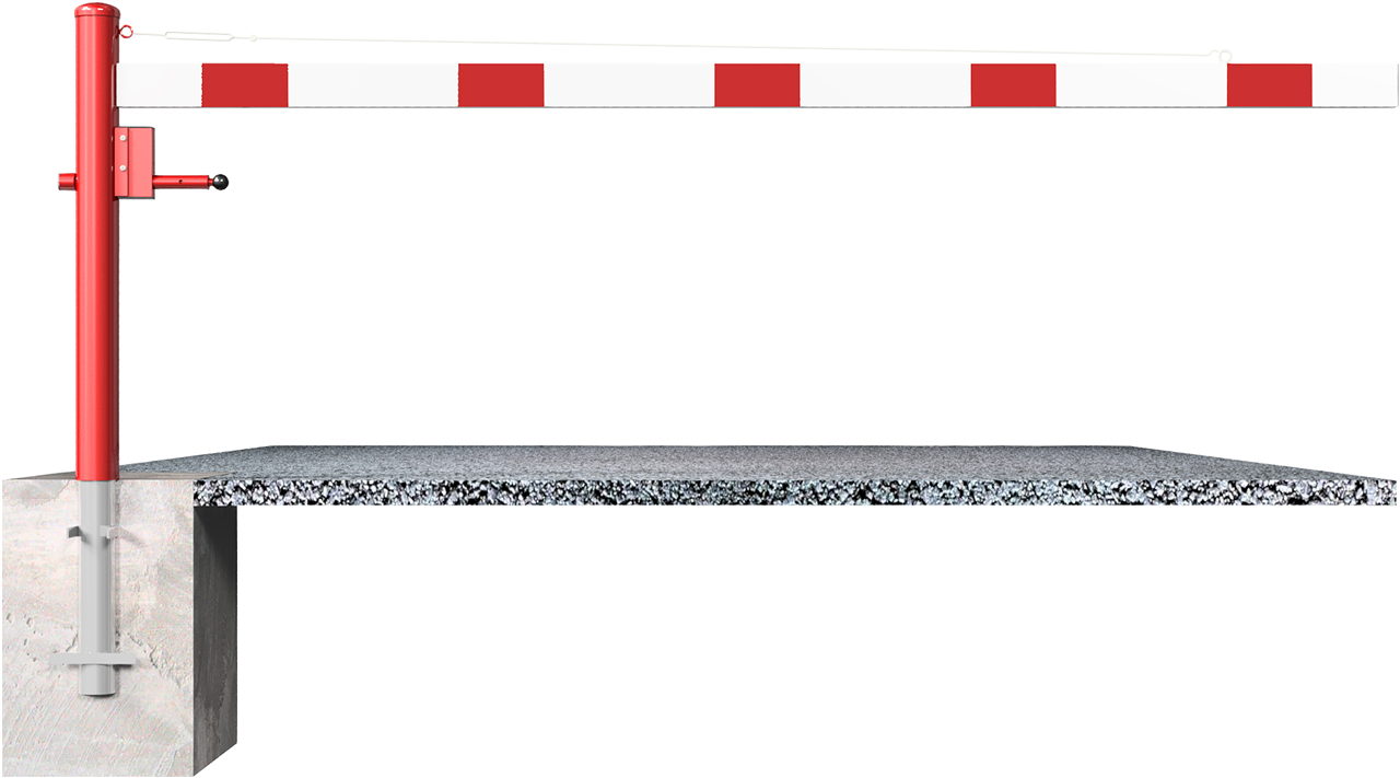 Schake 4113_25VB Drehschranke mit Seilzugverstärkung zum Einbetonieren, feuerverzinkt und weiß beschichtet mit rot reflektierenden Leuchtstreifen Schrankenbaumlänge: 2500 mm für Vorhangschloss