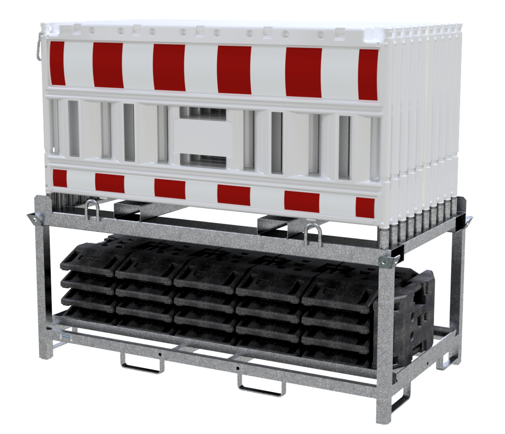6bb99aec-729f-412c-b9db-b535465aebda Schake 33420K-G-SET2 SET mit 20 Absperrschrankengitter und 21 Fußplatten auf Lager- und Transporttraverse ohne Lampenadapter mit rot/weißer Folie, Typ RA1/A Schrankentyp NOX gelb