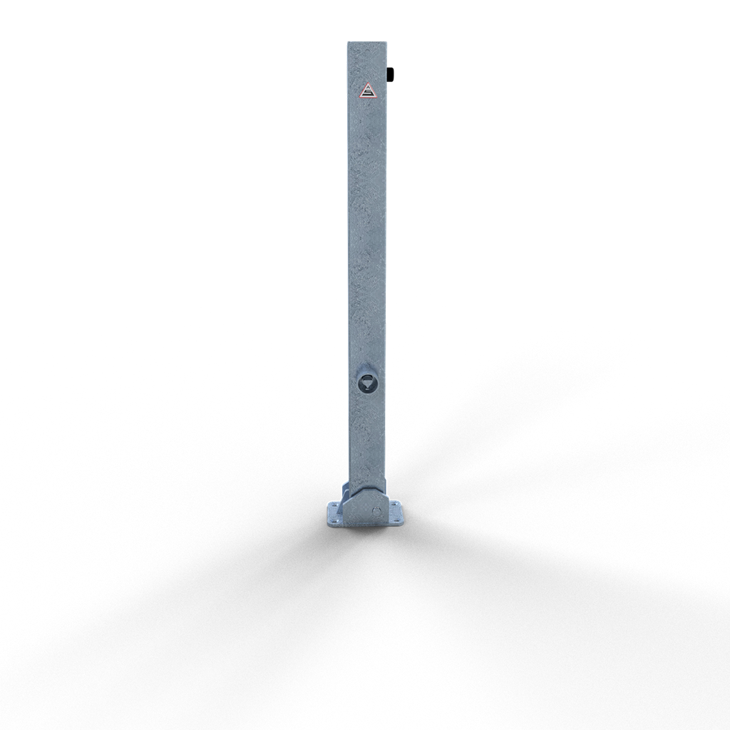 6b3e4be1-eb20-4069-bc08-b5ccf06cbe68 Schake 470FU Absperrpfosten 70 x 70 mm umlegbar mit Dreikantverschluss für Dübelbefestigung
mit Bodenplatte 100 x 150 mm feuerverzinkt ohne Öse