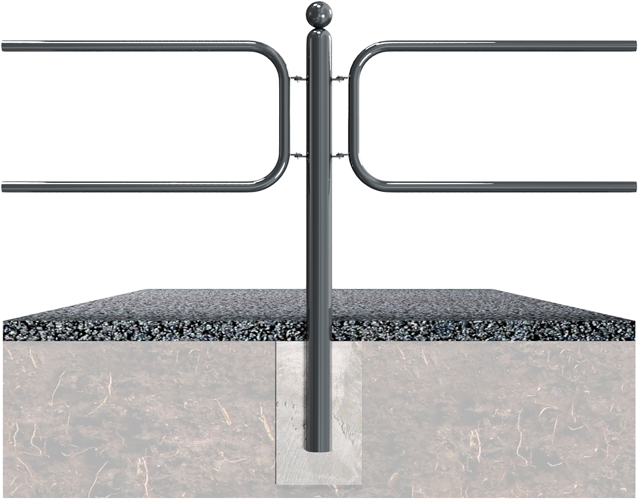 Schake Absperrbarrieren in Verbindung mit Pfostentyp 478B Standpfosten & Rahmen-Element Stahlrohr Ø 76 mmmit Kugelkopf, feuerverzinkt und beschichtet RAL 7016, Gesamtlänge: 1300 mm 2 Anschlusslaschen