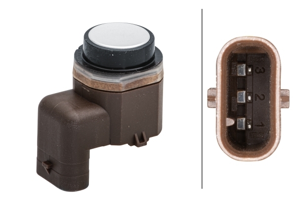 HELLA 6PX 358 141-321 Sensor, Einparkhilfe - gewinkelt - 3-polig - gesteckt - lackierbar - mit Befes