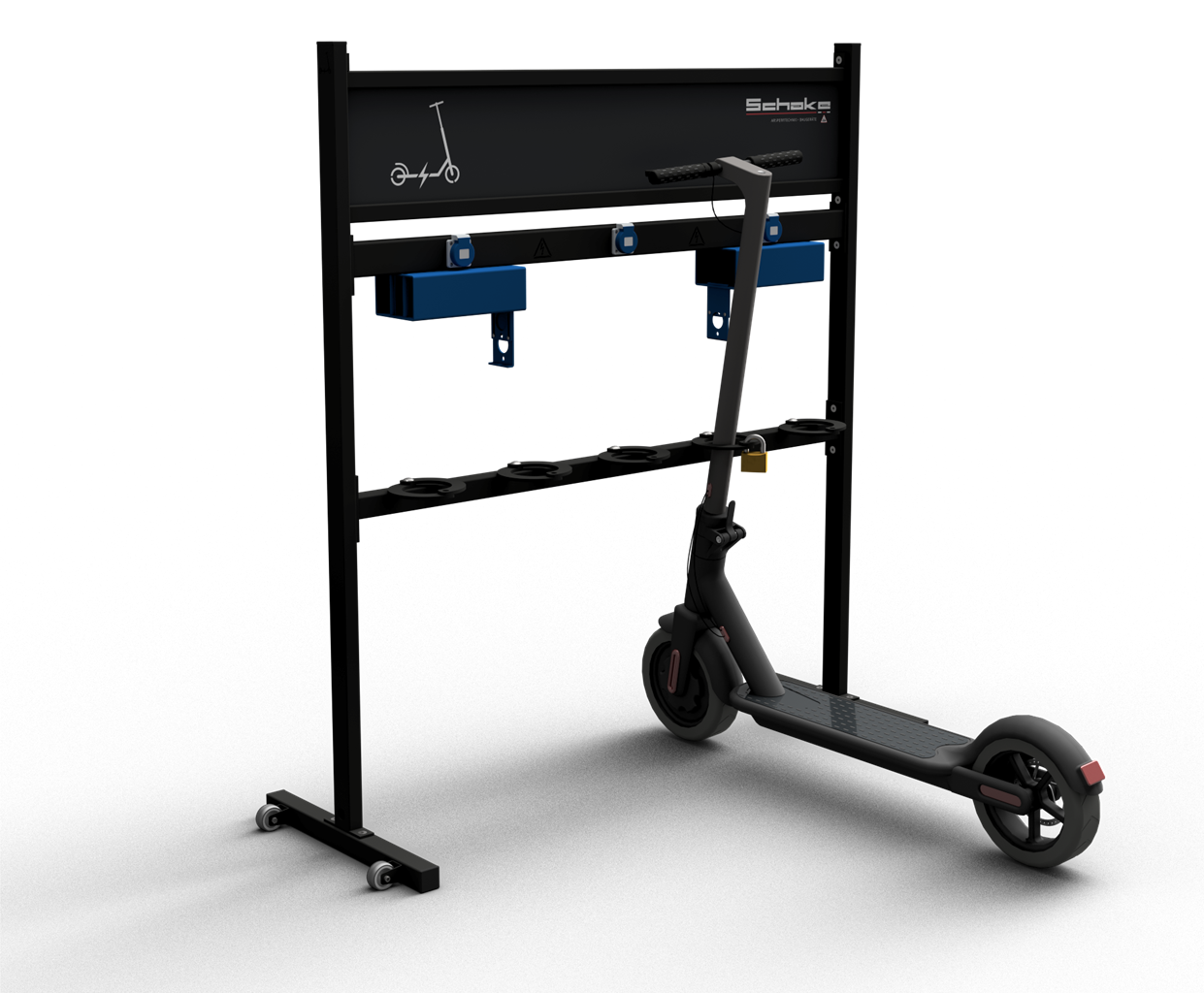 Schake Mobiler Scooterständer  mit Werbeschild 420_90BE Model E:

mit 3x Steckdosen IP54, 2x Halter für Scooterladegerät