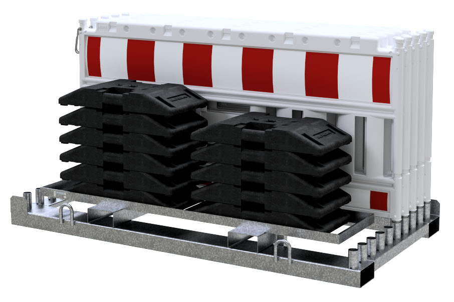 9f5b796a-e89f-4156-89d0-10001099b3d6 Schake 33420K-G-SET1 SET mit 10 Absperrschrankengitter und 11 Fußplatten auf Lager- und Transporttraverse ohne Lampenadapter mit rot/weißer Folie, Typ RA1/A Schrankentyp NOX gelb