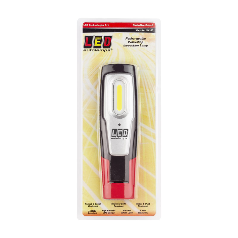HH190-Blister-Front Hochwertige LED Handlampe mit USB Ladekabel, Inspektionslampe, Werkstattlampe