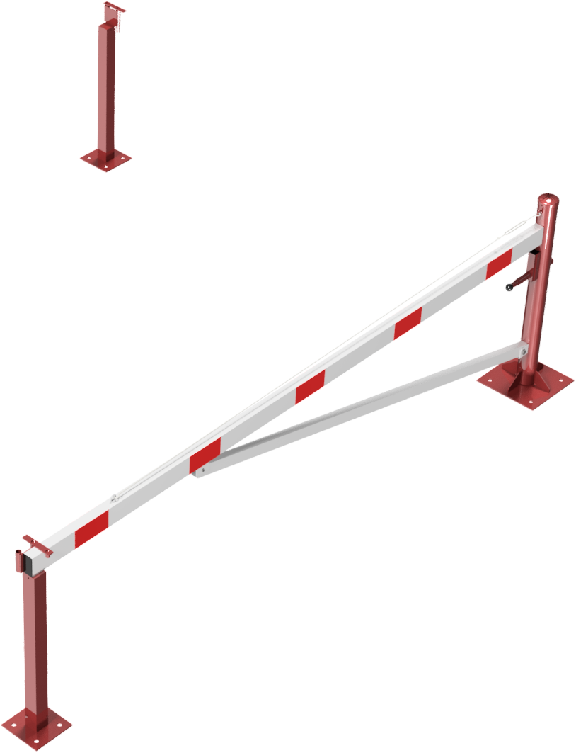 Schake 4213_35VBP Drehschranke mit Auflagepfosten und Seilzugverstärkung für Dübelbefestigung, feuerverzinkt und rot beschichtet mit weiß reflektierenden Ringen Schrankenbaumlänge: 3500 mm für Vorhangschloss