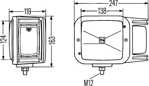 HELLA 1EA 007 108-011 H4-Anbauscheinwerfer, links, mit Positionslicht und gelber Blinkleuchte.