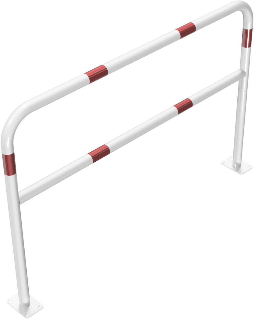 Schake 448_63B Rohrbügel aus Stahlrohr Ø 48 x 2,5 mm mit Querholm für Dübelbefestigung      Gesamtbreite: 1500 mm Gesamthöhe: 1000 mm feuerverzinkt und weiß beschichtet

mit rot reflektierenden Streifen