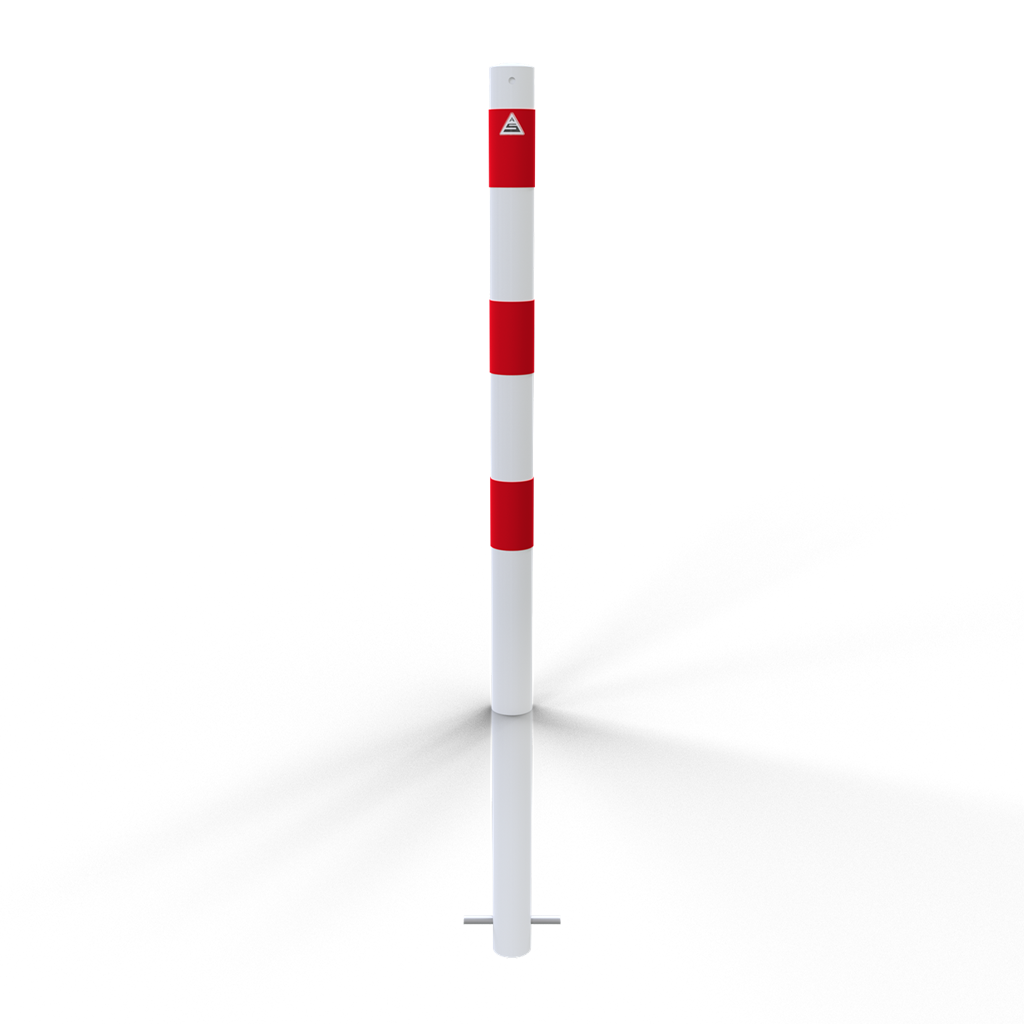 Schake 460B Absperrpfosten Stahlrohr Ø 60 x 2,5 mm ortsfest zum Einbetonieren feuerverzinkt und weiß beschichtet mit drei rot reflektierenden Leuchtstreifen ohne Öse