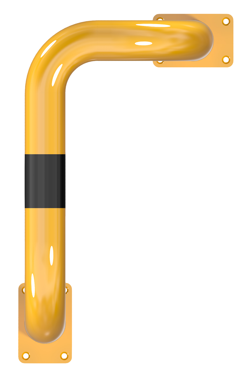 c0e794da-c755-420a-b635-c318b438c71c Schake 477_76BG Rammschutzbügel 90° einseitige vertiefte Ausführung Stahlrohr Ø 76 mm gelb / schwarz einseitig, rechts Höhe Überflur: 650 mm zum Einbetonieren