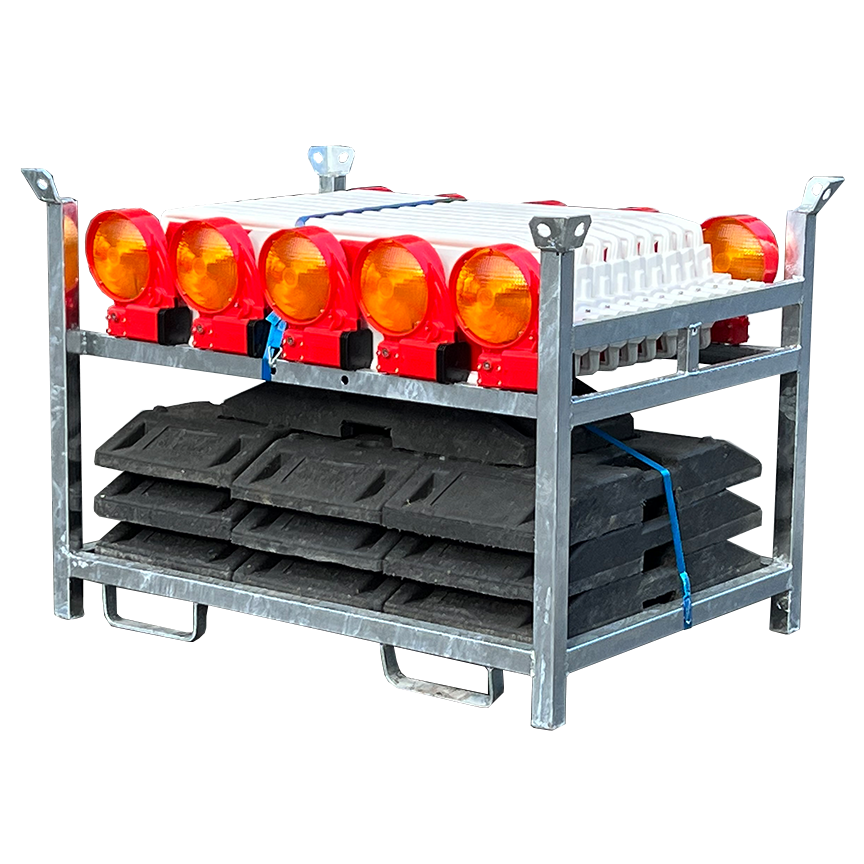 Schake 36NOXP2E-G2-SET3 SET 3 mit 10 Baken, Fußplatten und Lampen auf Lager- und Trasportpalette mit Folie Typ RA2/B, rot/weiß einseitig pfeilförmig BASt Wendebake