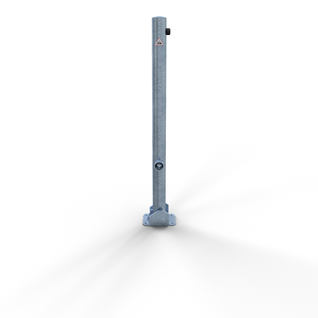 5597db33-2fbf-478b-80e8-e3a6c77aec5b Schake 460FU Absperrpfosten Stahlrohr Ø 60 x 2,5 mm umlegbar mit Dreikantverschluss für Dübelbefestigung
mit Bodenplatte 100 x 150 mm feuerverzinkt ohne Öse