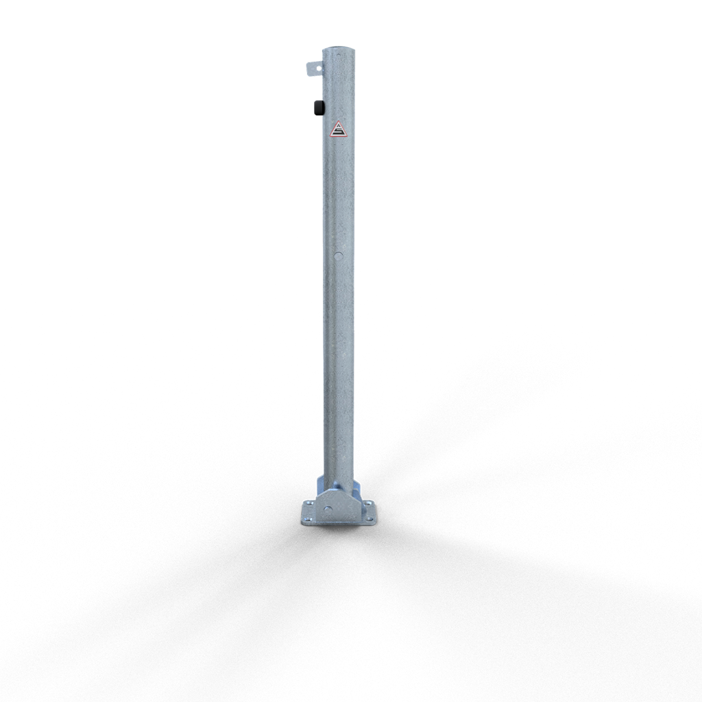 6a4de8ee-4802-42d9-8f93-a3d03904c5cd Schake 460UV Absperrpfosten Stahlrohr Ø 60 x 2,5 mm umlegbar für Vorhangschloss für Dübelbefestigung
mit Bodenplatte 100 x 150 mm feuerverzinkt ohne Öse