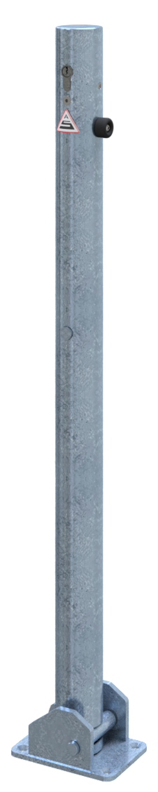 Schake Absperrpfosten | Stahlrohr Ø 60 x 2,5 mm | umlegbar | mit Profilzylinderschloss | für Dübelbefestigung

mit Bodenplatte 100 x 150 mm | feuerverzinkt | ohne Öse