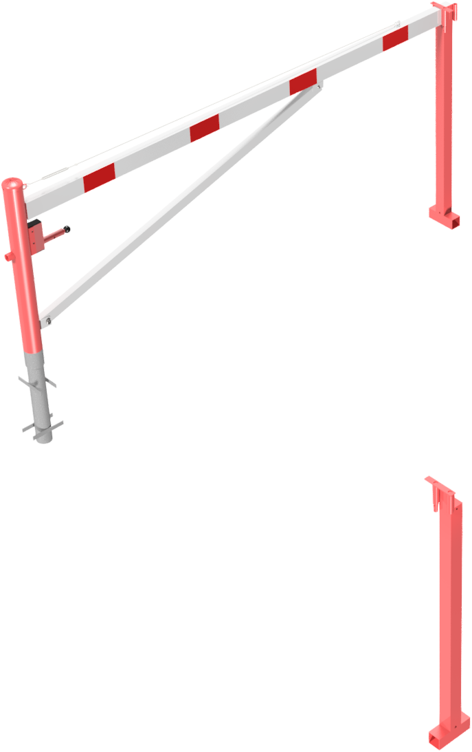 Schake 4213_30FB Drehschranke mit Auflagepfosten und Seilzugverstärkung zum Einbetonieren, feuerverzinkt und weiß beschichtet mit rot reflektierenden Leuchtstreifen Schrankenbaumlänge: 3000 mm mit Dreikantverschluss