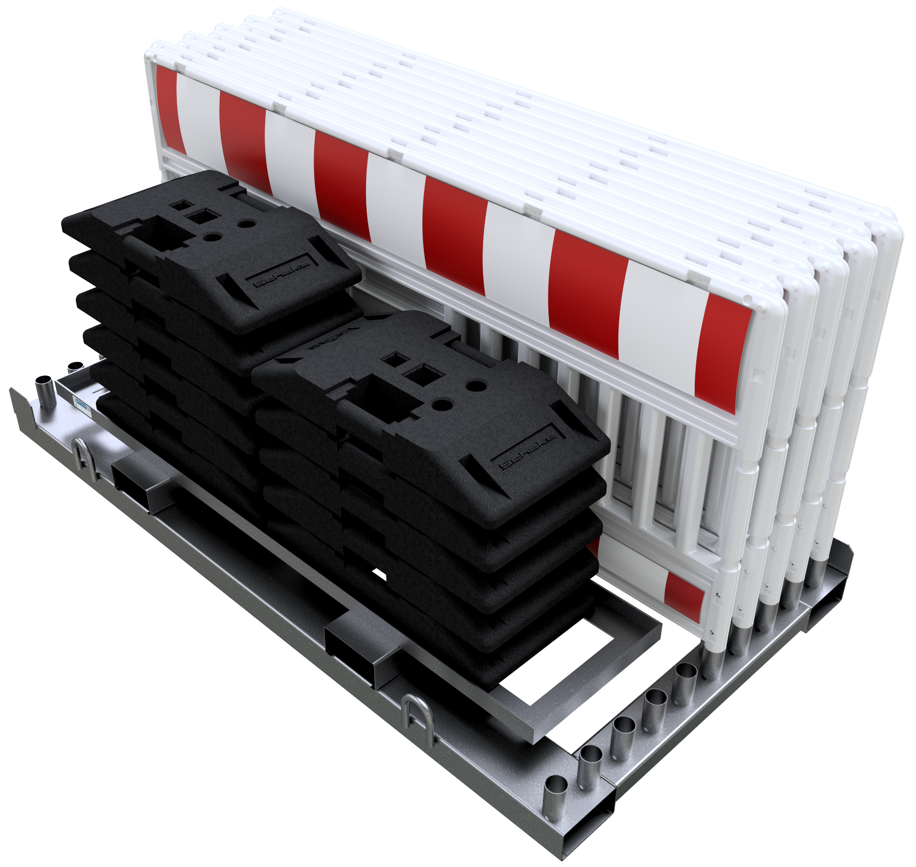 Schake 33620K-SET1 SET  mit 10 Absperrschrankengitter  und 11 Fußplatten auf Lager- und Transporttraverse ohne Lampenadapter mit rot/weißer Folie, Typ RA1/A Schrankentyp ULTRA weiß