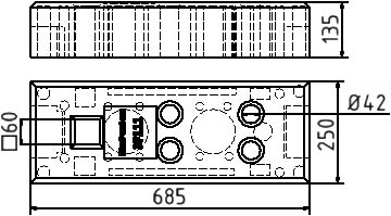 Schake 3F111 Bauzaunfuß  aus Kunststoffrecycling Länge: 685 mm

Höhe: 135 mm

Breite: 250 mm

mit 4 Löchern (Ø 42 mm)

und 1 x 60 mm x 60 mm
