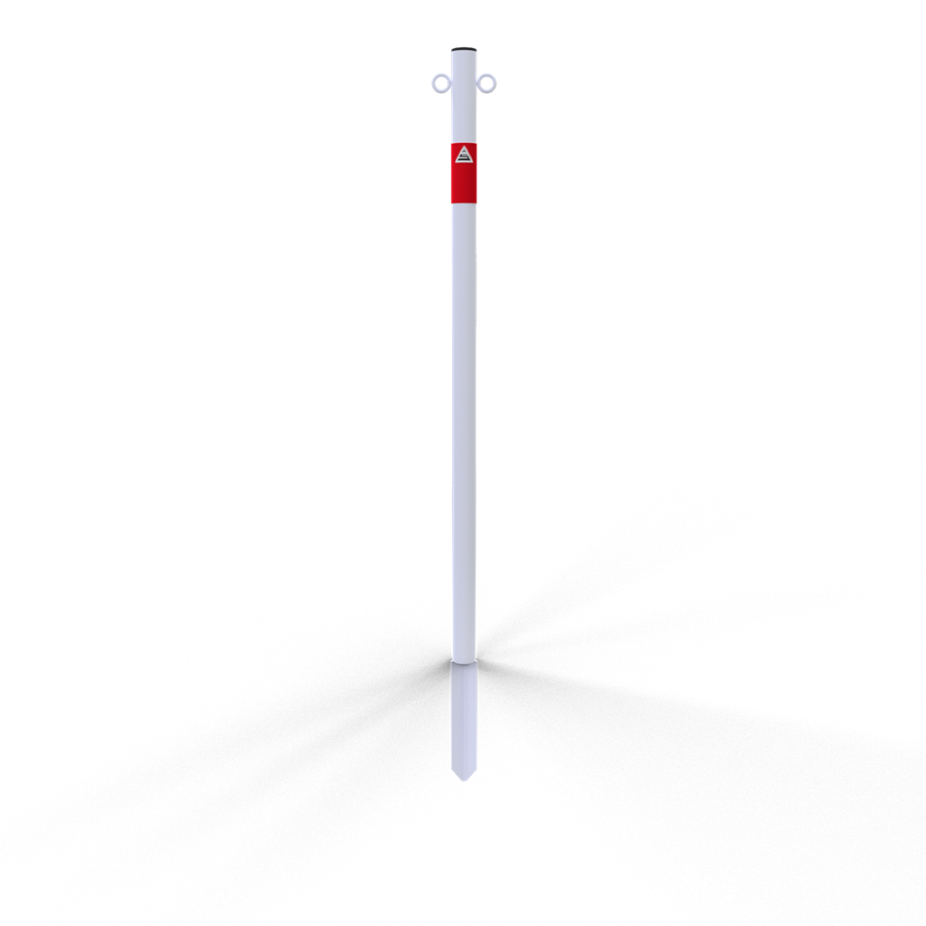Schake 4042EB/2 Absperrpfosten Stahlrohr Ø 42 x 2,5 mm ortsfest zum Einschlagen feuerverzinkt und weiß beschichtet

mit rot reflektierendem Leuchtstreifen mit 2 Ösen