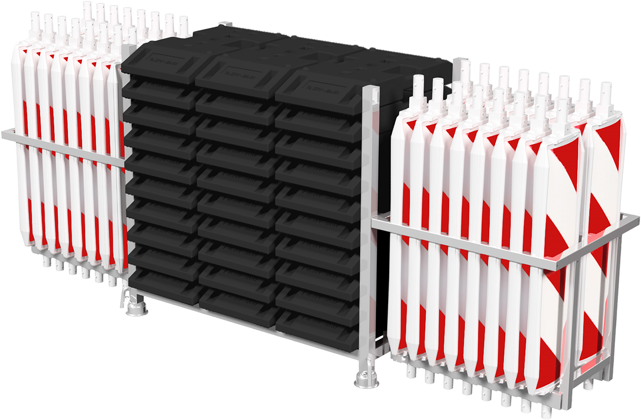 Schake 36055-SET1 SET  mit 30 Baken und Zubehör auf Stapelpalette und Bakenkorb mit Folie Typ RA1/A, rot/weiß doppelseitig schraffiert Kunststoffbake Typ 60