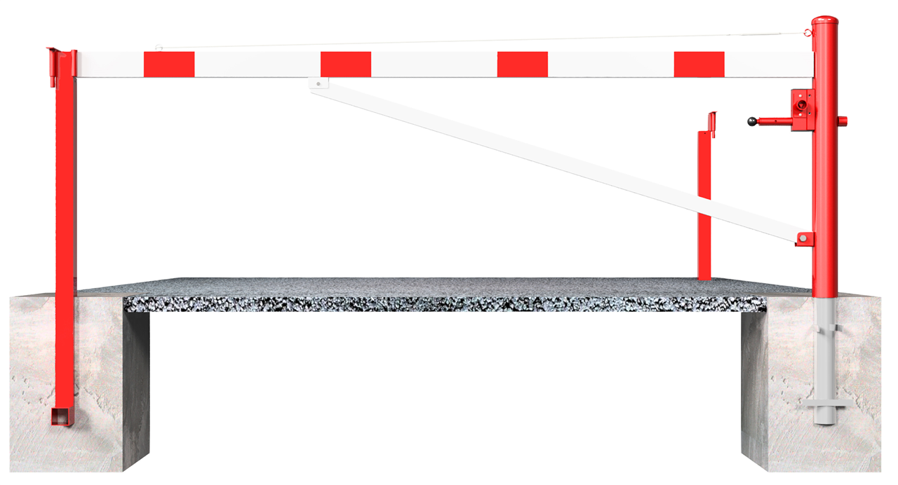 Schake 4213_30VB Drehschranke mit Auflagepfosten und Seilzugverstärkung zum Einbetonieren, feuerverzinkt und weiß beschichtet mit rot reflektierenden Leuchtstreifen Schrankenbaumlänge: 3000 mm für Vorhangschloss