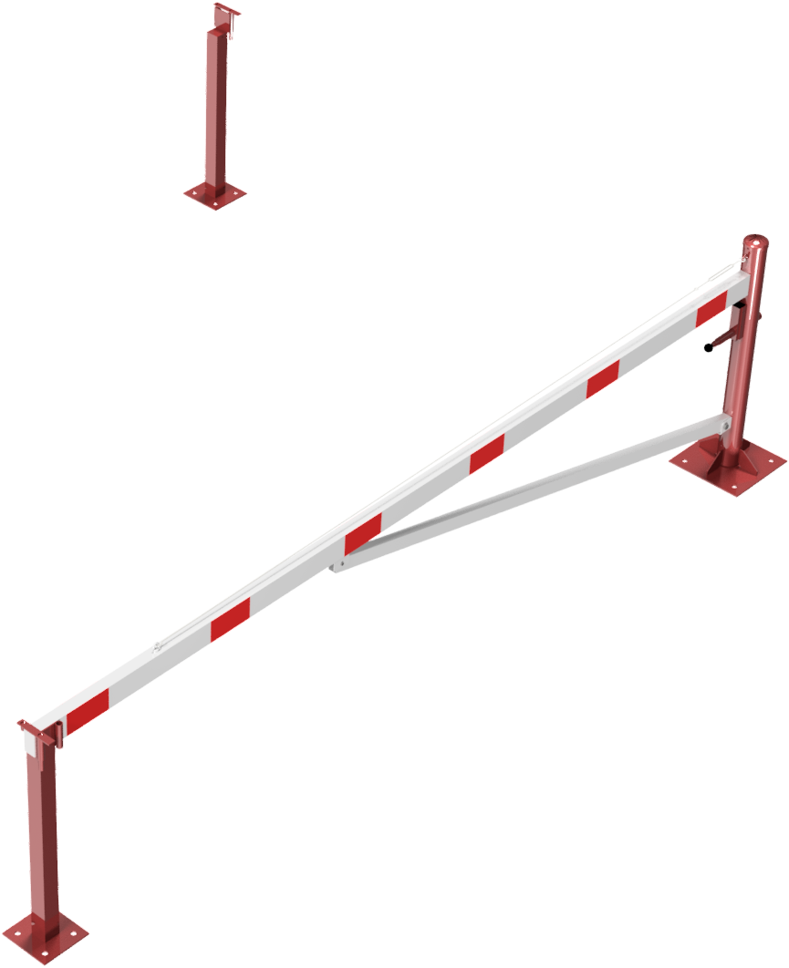 Schake 4213_40VBP Drehschranke mit Auflagepfosten und Seilzugverstärkung für Dübelbefestigung, feuerverzinkt und rot beschichtet mit weiß reflektierenden Ringen Schrankenbaumlänge: 4000 mm für Vorhangschloss