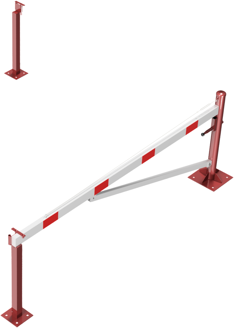 Schake 4213_30VBP Drehschranke mit Auflagepfosten und Seilzugverstärkung für Dübelbefestigung, feuerverzinkt und rot beschichtet mit weiß reflektierenden Ringen Schrankenbaumlänge: 3000 mm für Vorhangschloss