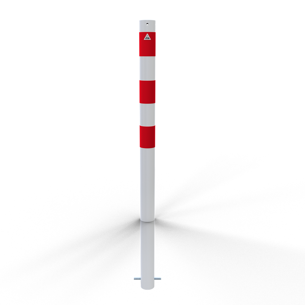 Schake 476B Absperrpfosten Stahlrohr Ø 76 x 2,6 mm ortsfest zum Einbetonieren feuerverzinkt und weiß beschichtet

mit drei rot reflektierenden Leuchtstreifen ohne Öse
