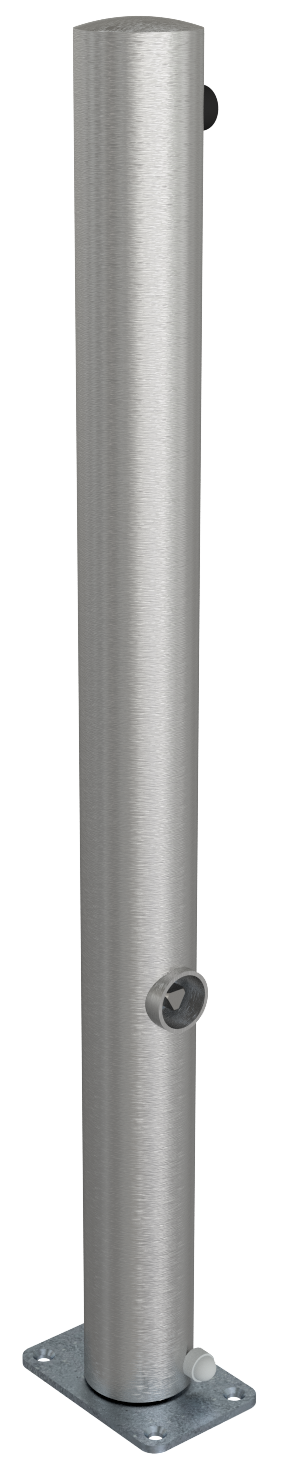 Schake 4072FU Edelstahlpfosten Ø 76 mm ohne Ziernut umlegbar, selbsteinrastende Verriegelung

für Dübelbefestigung, mit Bodenplatte 100 x 150 mm

fe mit Dreikantverschluss nach DIN 3223 ohne Öse