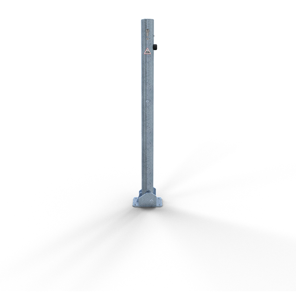 7130e321-ba62-4ab4-8348-eb031d81d8b7 Schake 460UZ Absperrpfosten Stahlrohr Ø 60 x 2,5 mm umlegbar mit Profilzylinderschloss für Dübelbefestigung
mit Bodenplatte 100 x 150 mm feuerverzinkt ohne Öse