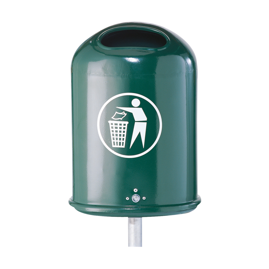 Schake 4129B Abfallbehälter  oval feuerverzinkt und beschichtet RAL 6005 mit Standpfosten Ø60x1300mm
