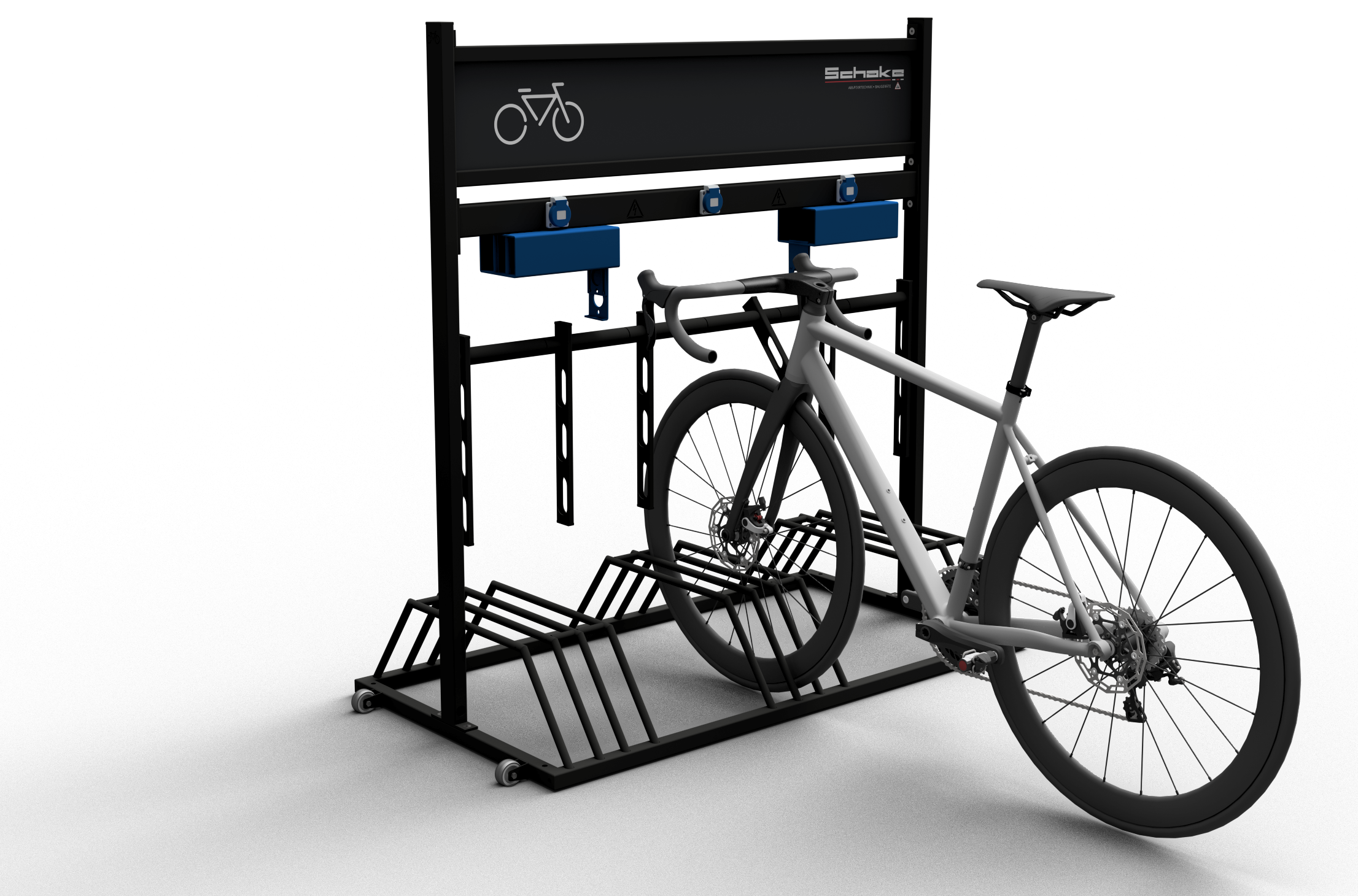 Schake 420_80BE Mobiler Fahrradständer  mit Werbeschild Model E:

mit 3 x Steckdosen IP54, 2x Halter für E-Bikeladegerät